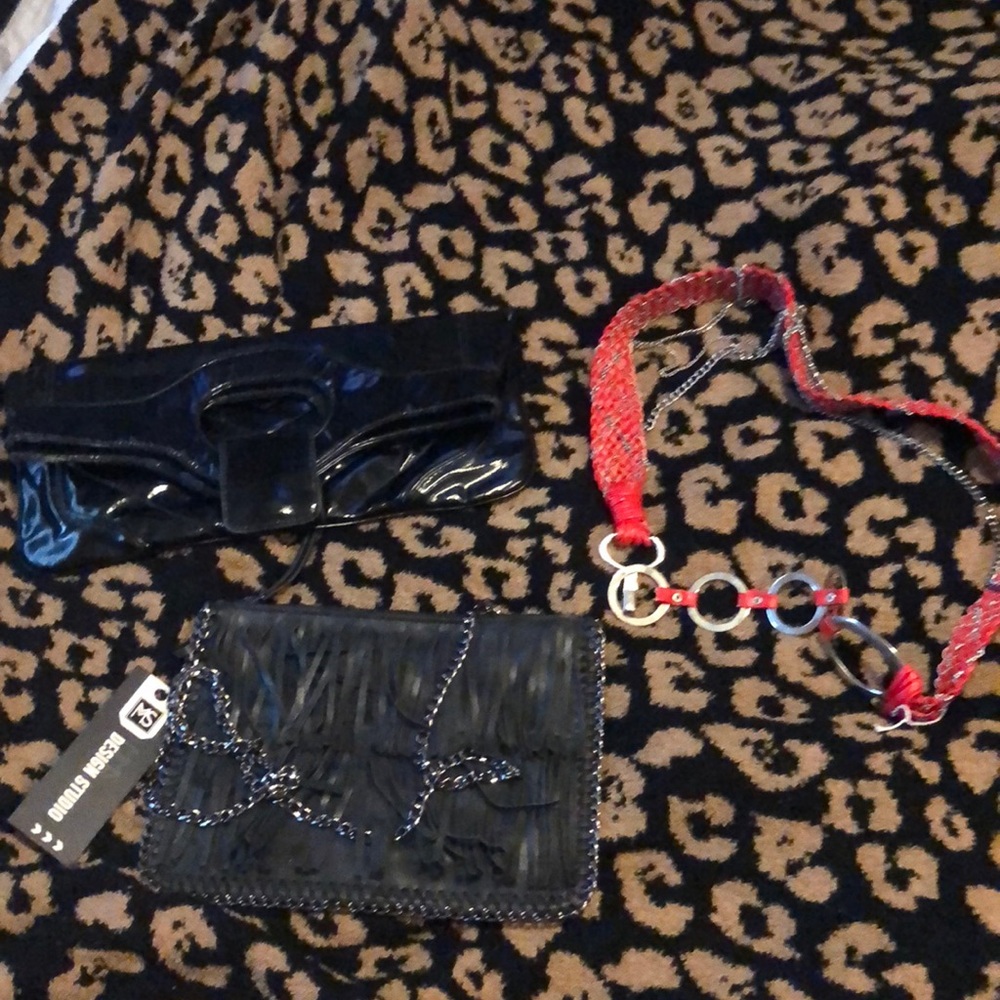 LOT one clutch red belt and a crossbody cool stuff