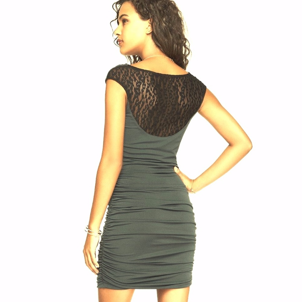 Express Lace Back Ruched Sheath Dress in Green
