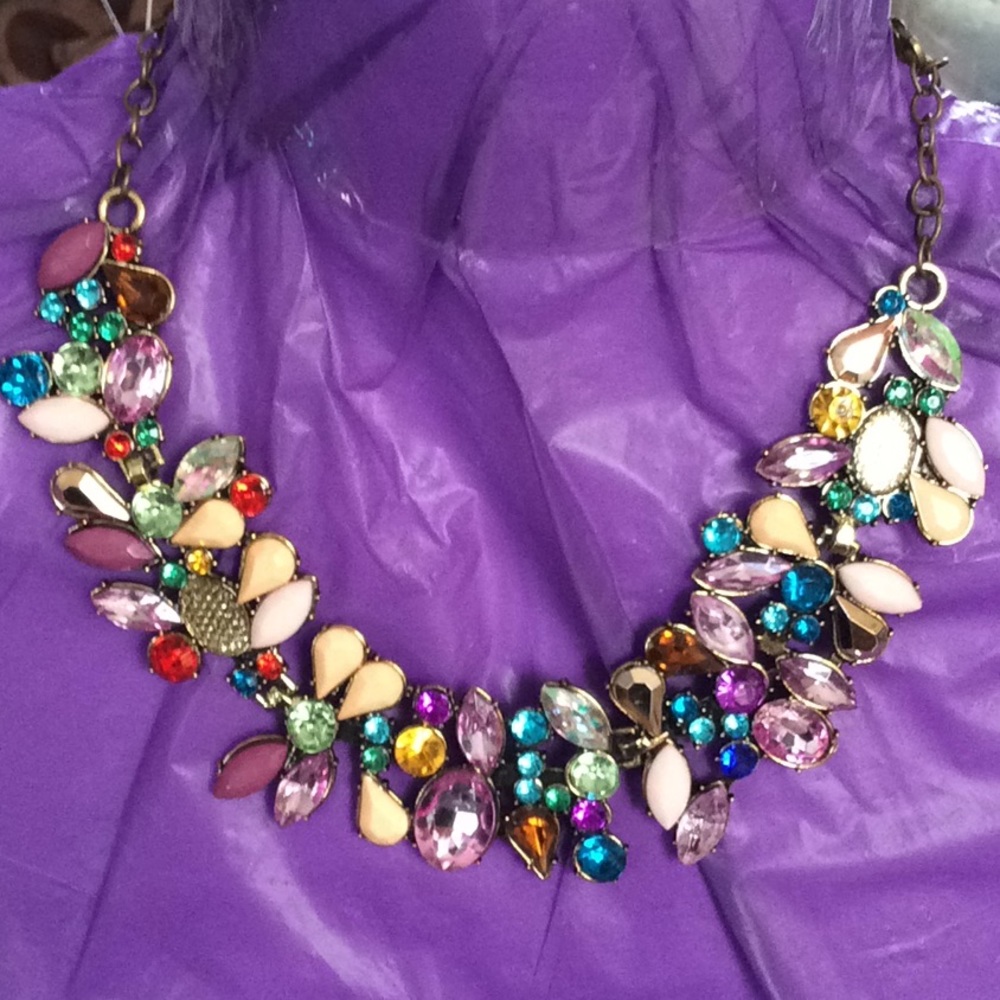 Gold Tone Faux Jeweled Statement Necklace, NWT