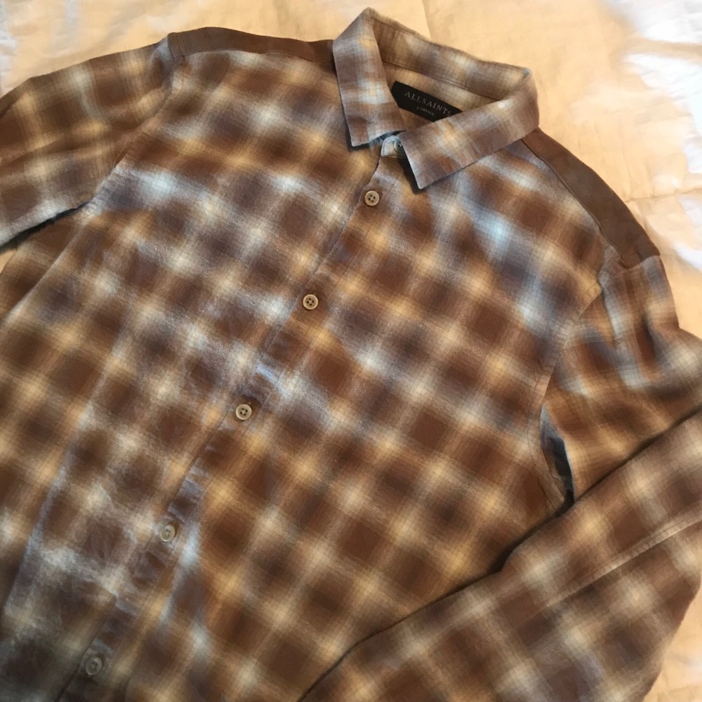 AllSaints Mens XS Scranton LS Shirt Leather Back
