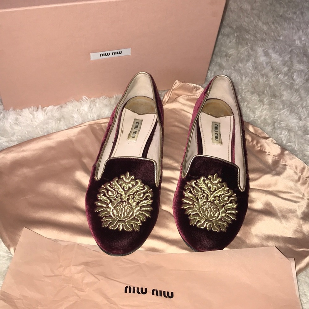 MiuMiu slippers 2/gold embroidery& crystal heel