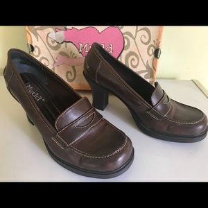 Brown heel penny loafers. Size 10