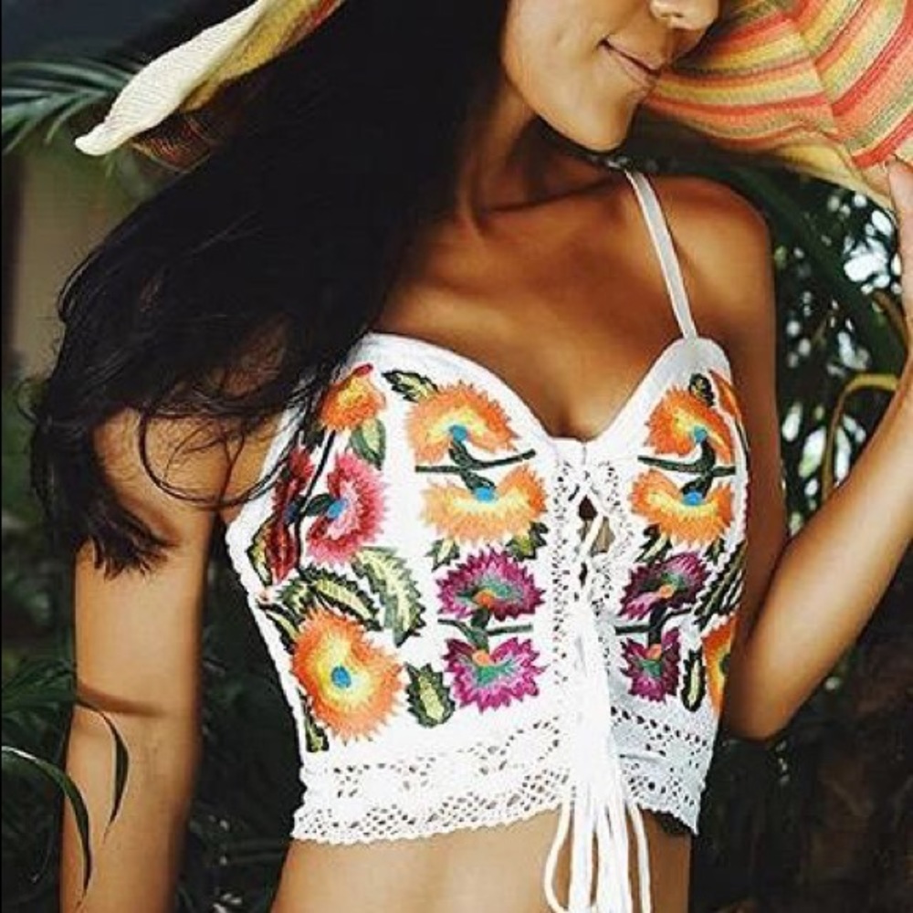 White Lace Up Floral Top