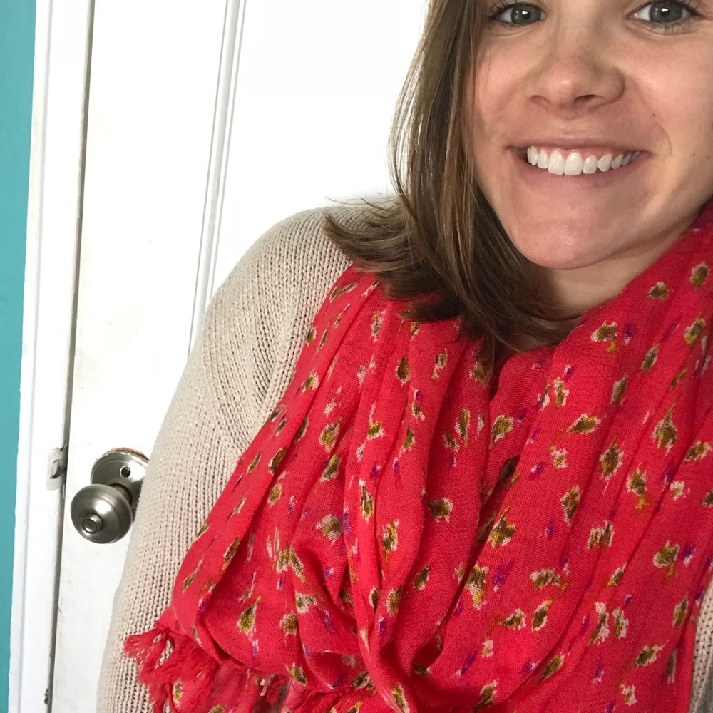 J. Crew red patterned scarf.