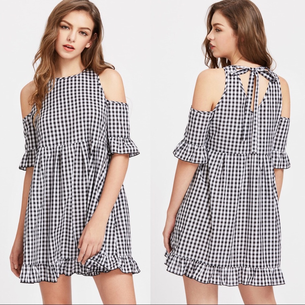 Open Shoulder Gingham Dress