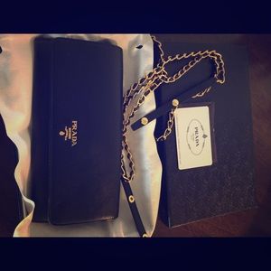Prada women's small saffiano wallet on chain.