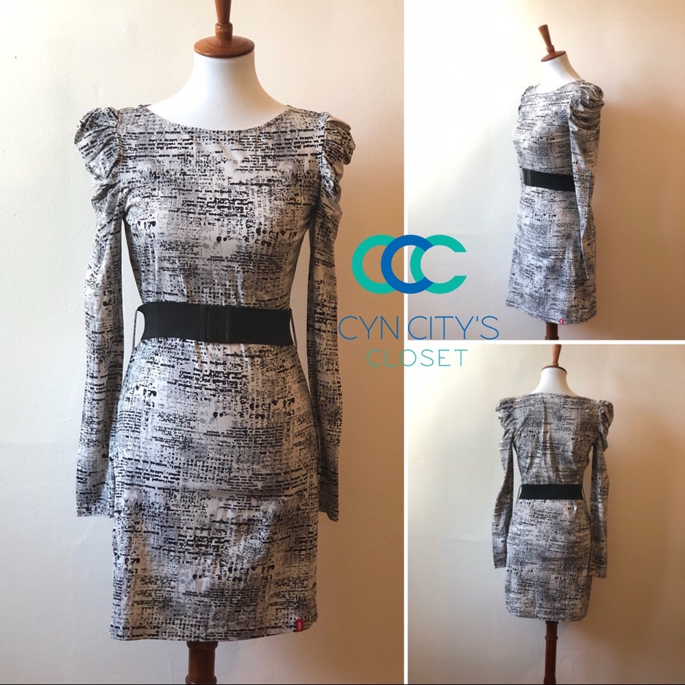 Esprit black & white script ruched shoulder dress