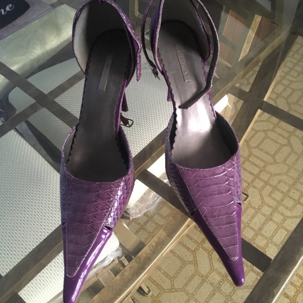 Purple pointy toe ankle strap heels