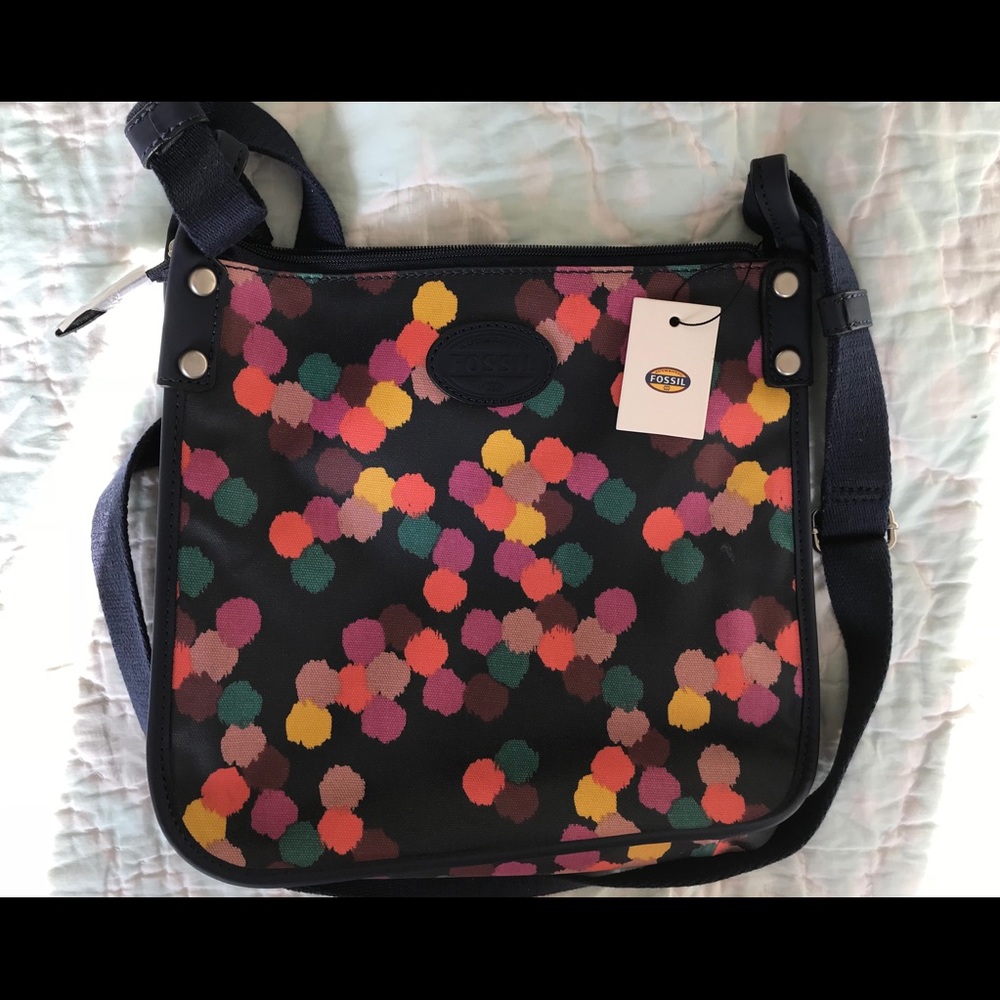Fossil navy blue multi dot crossbody purse