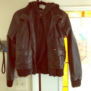 Faux leather jacket with sweatshirt interior