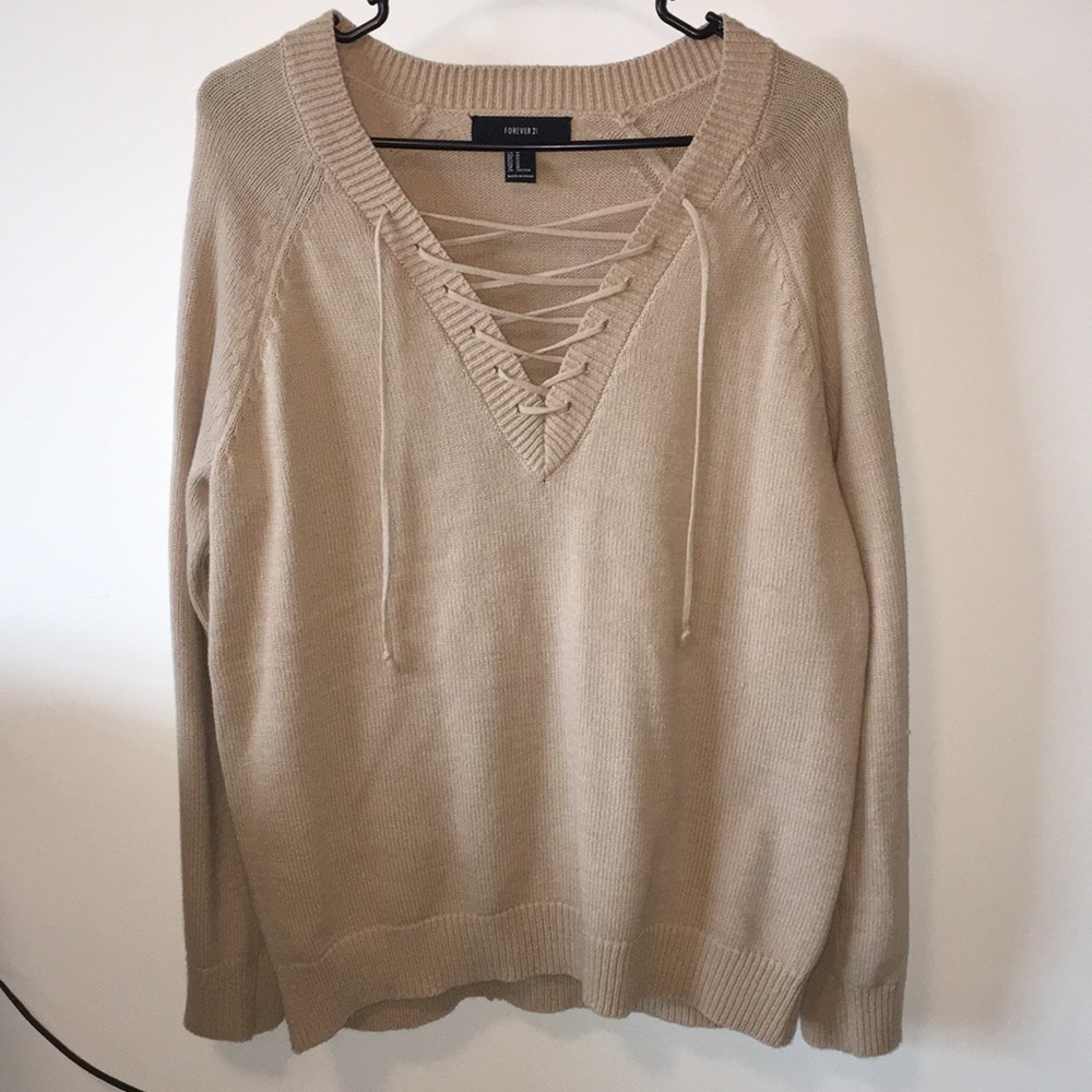 Lace Up Beige Sweater