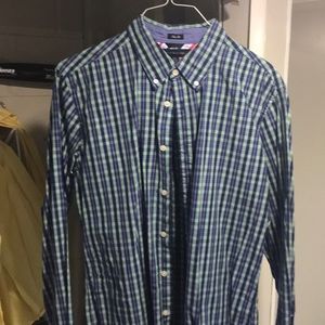 Green and blue button down