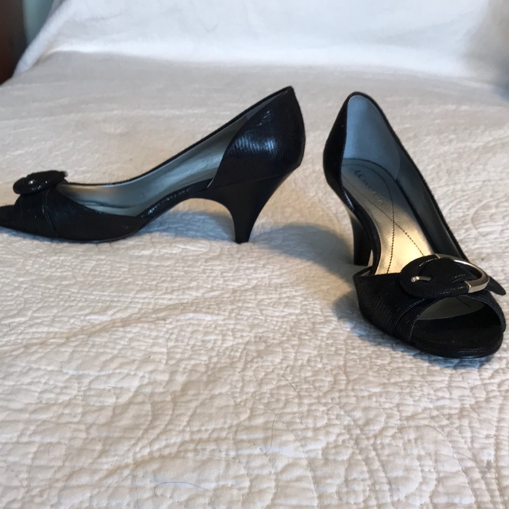 Black textured open toe heels