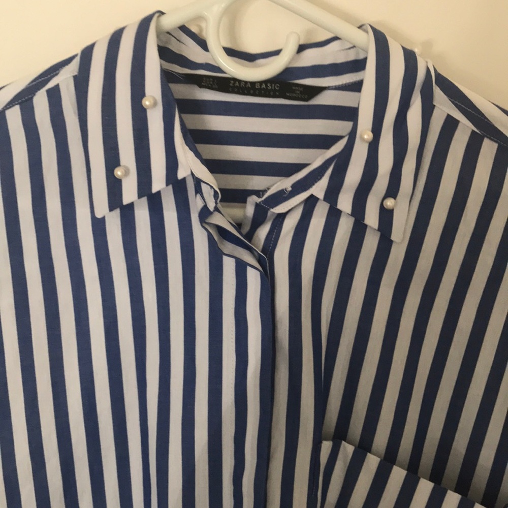 striped zara shirt w/ pearl details