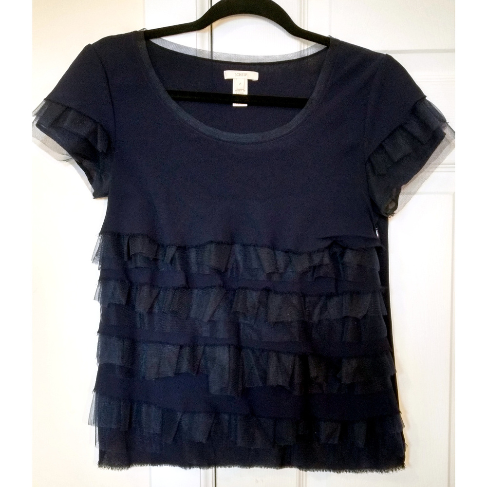J. Crew Navy Tiered Ruffle Silk Tulle Top Sz. 2