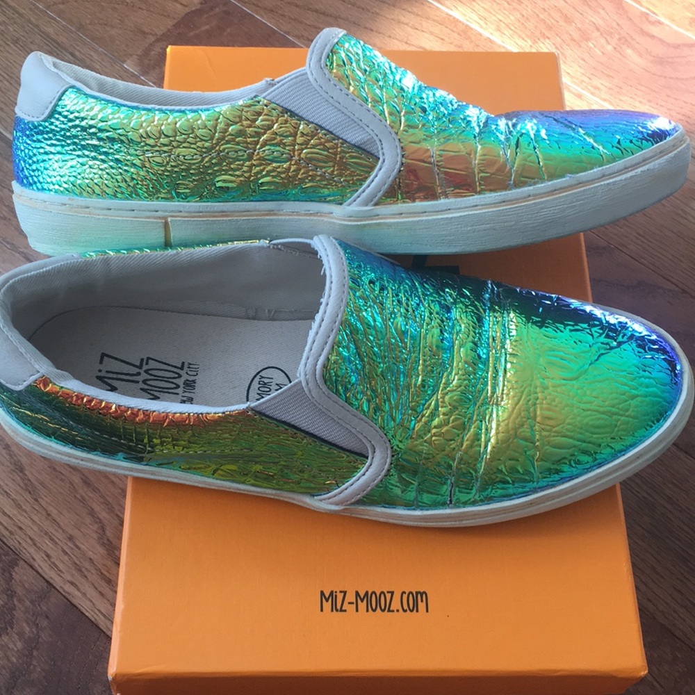 Miz Mooz NYC holographic green/gold/blue slip ons
