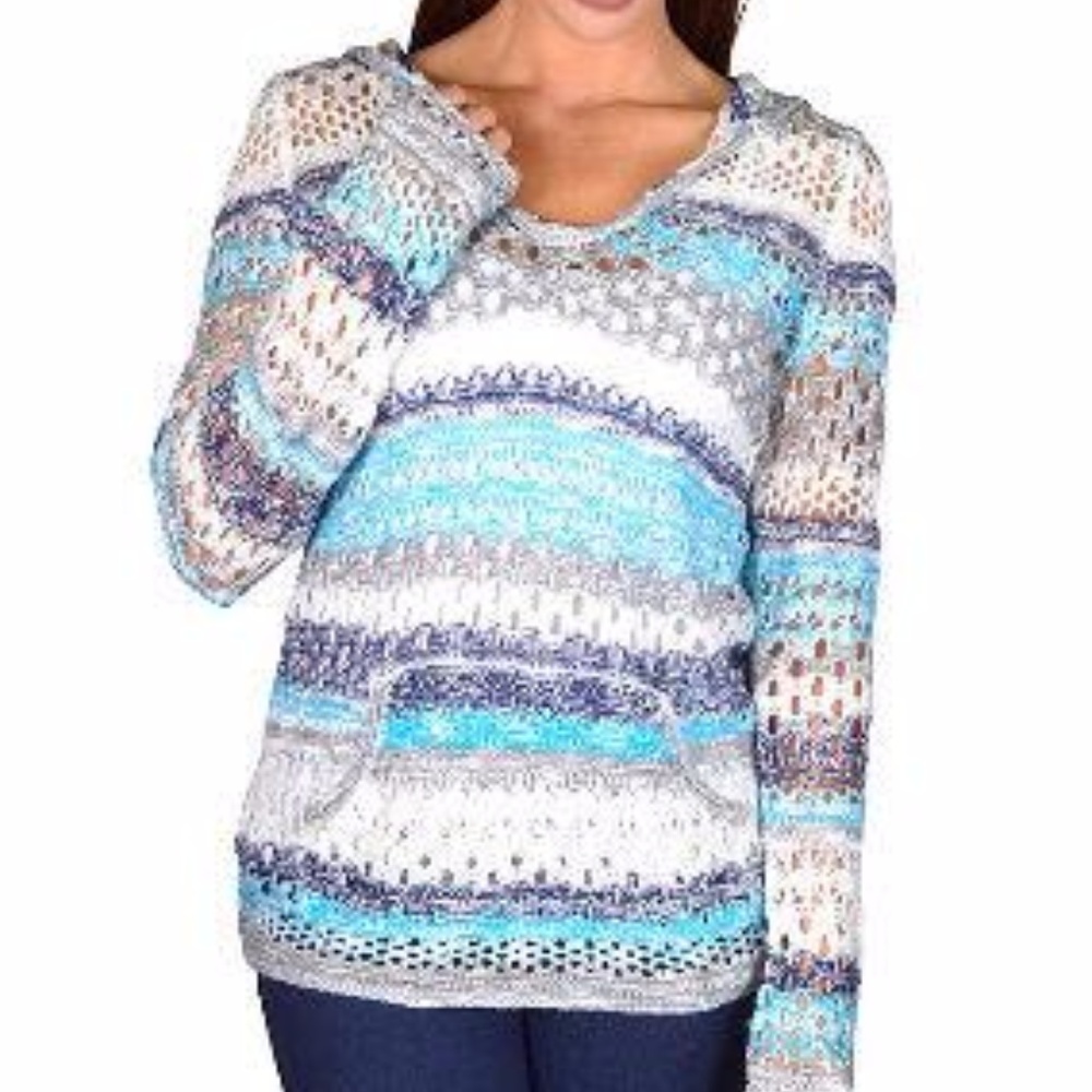Blue & White Overlay Sweater with Hoodie - Large