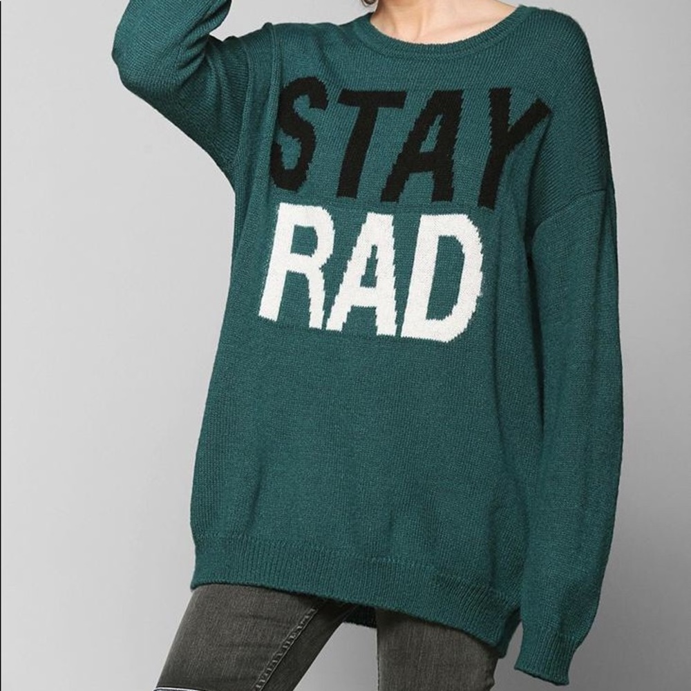 UO Sparkle & Fade “Stay Rad” Teal Sweater