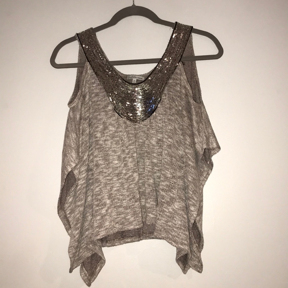 Taupe open shoulder sequins sweater