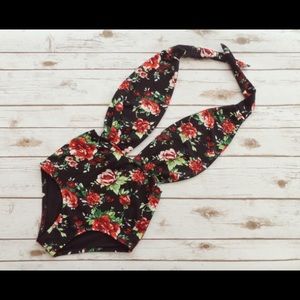 High Waisted Black and Red Rose Swimsuit