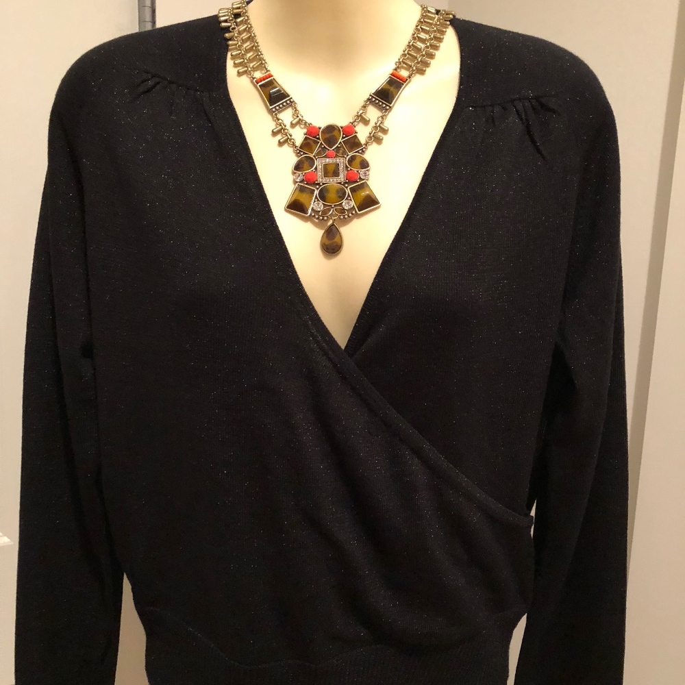 BLACK METALLIC KNIT SILK WRAP STYLE TOP
