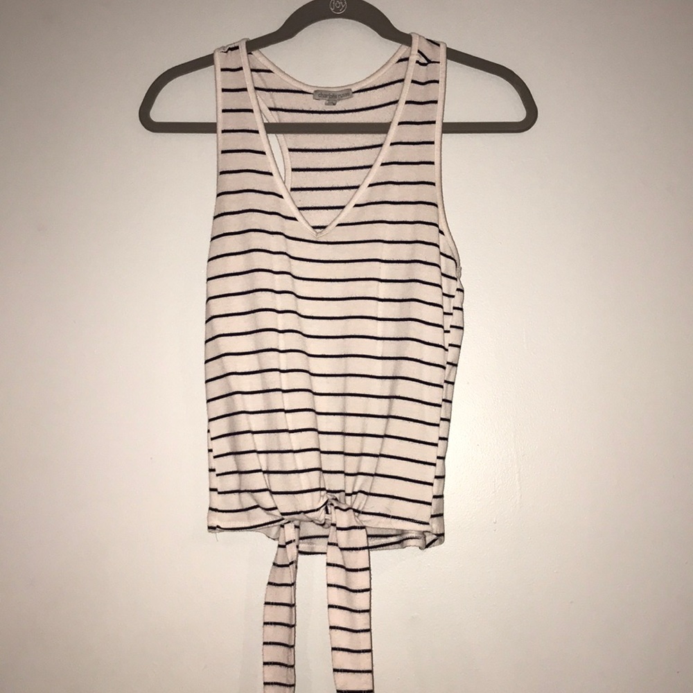 White and navy stripped tank top with tie bottom