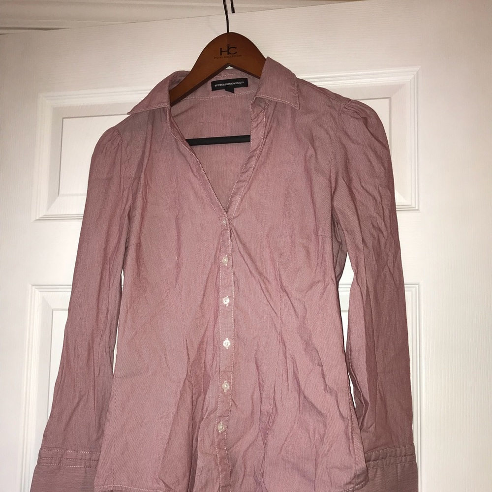 Burgundy/white striped blouse.