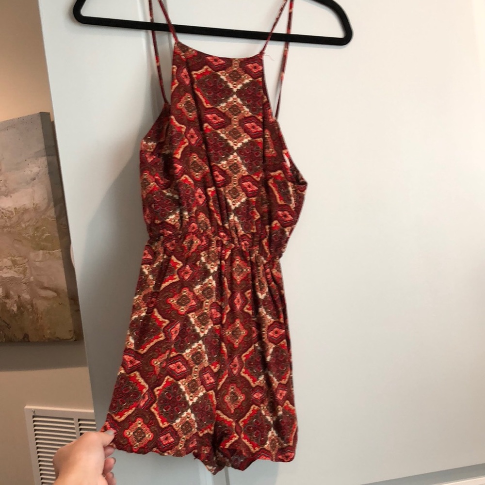 LF patterned high neck romper lace up back