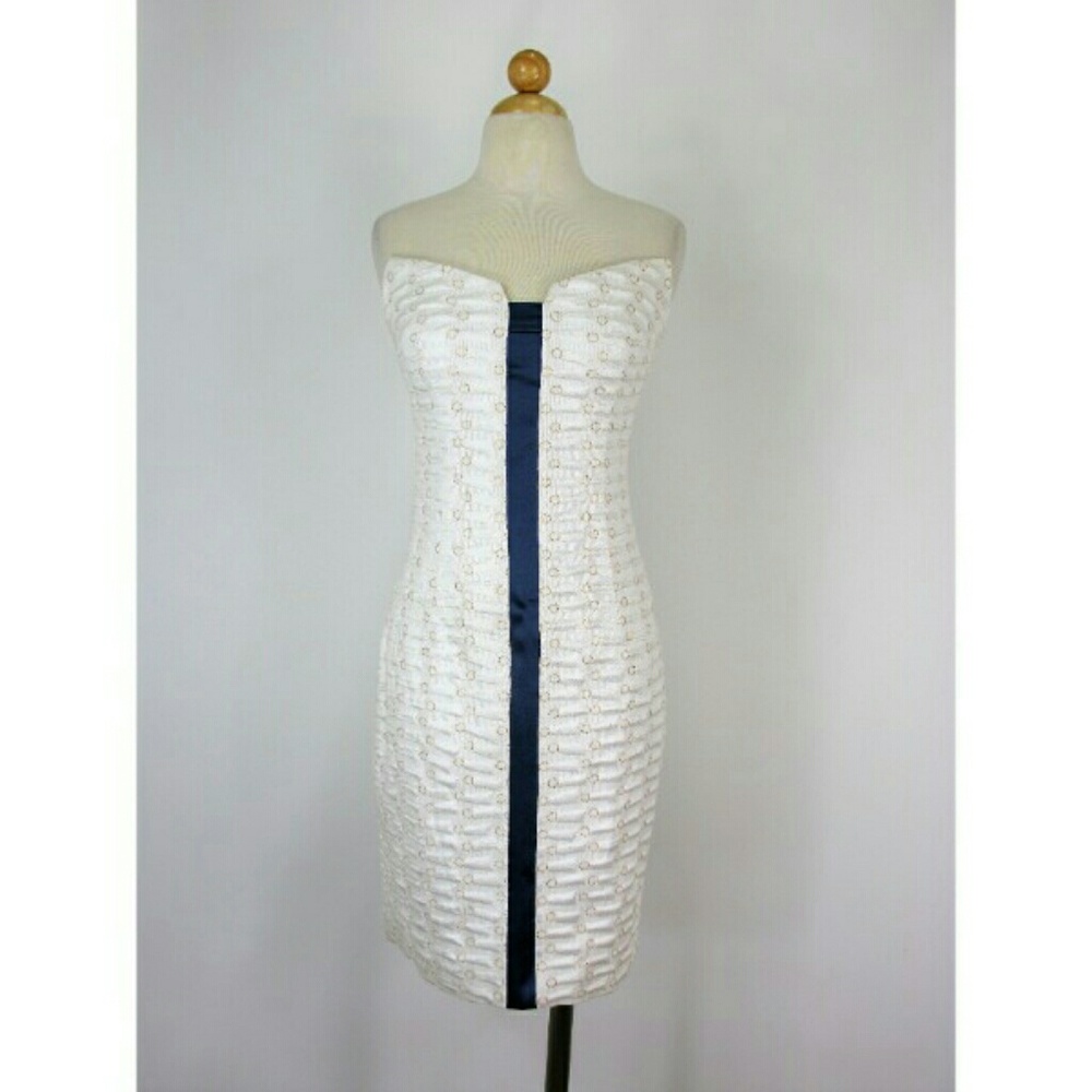 Designer Jaquard Peaked Strapless Pencil Dress