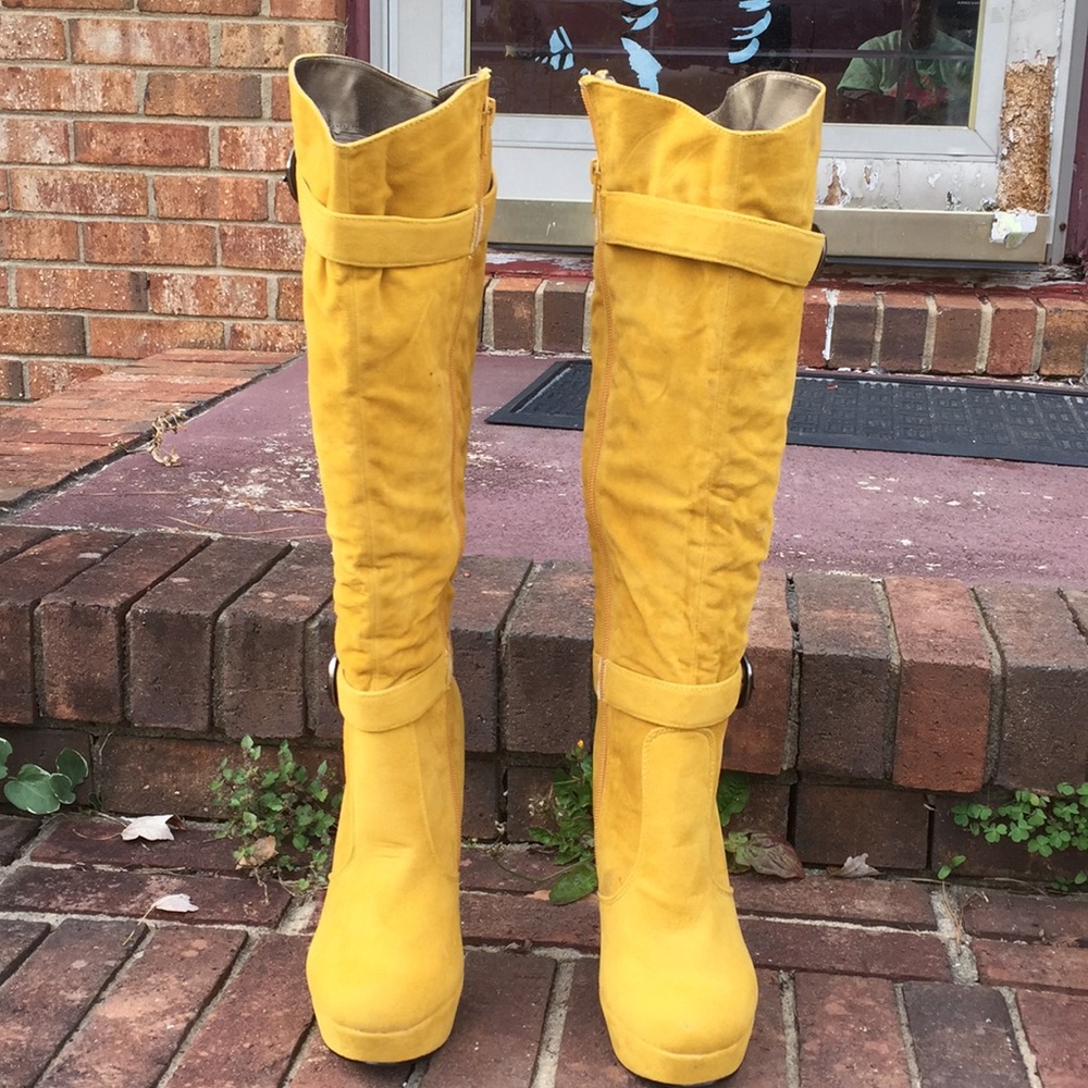 MUSTARD SUEDE DOUBLE STRAP MID CALFHIGH SEXY BOOTS