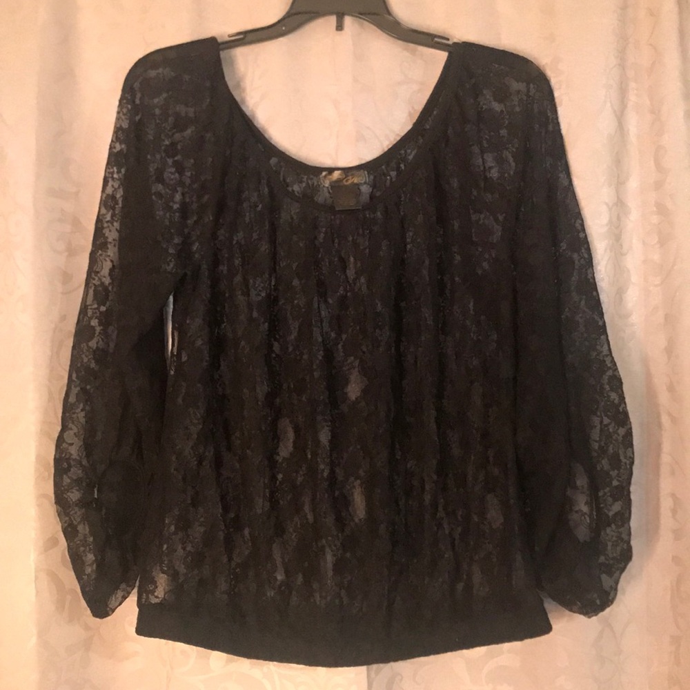 See through black lace blouse with peasant sleeve