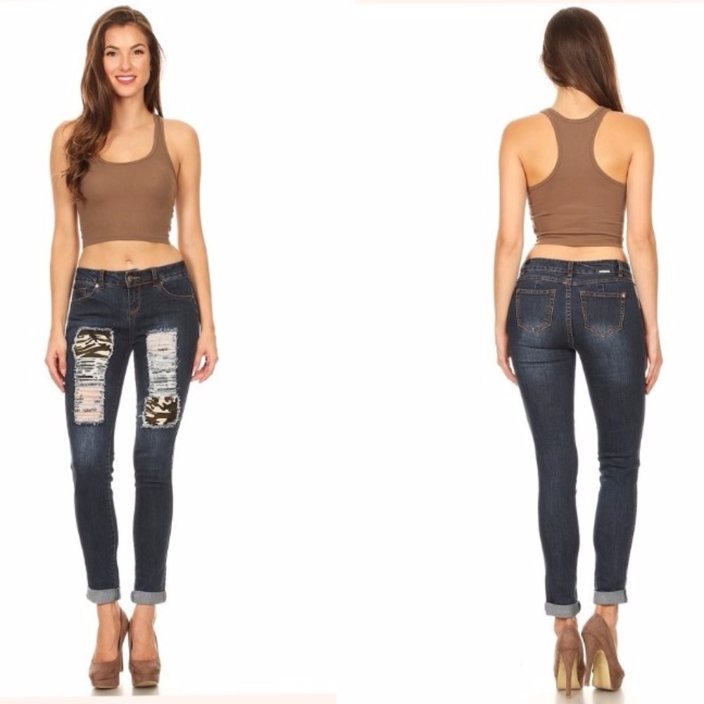 Skinny destroyed camo Army patchwork