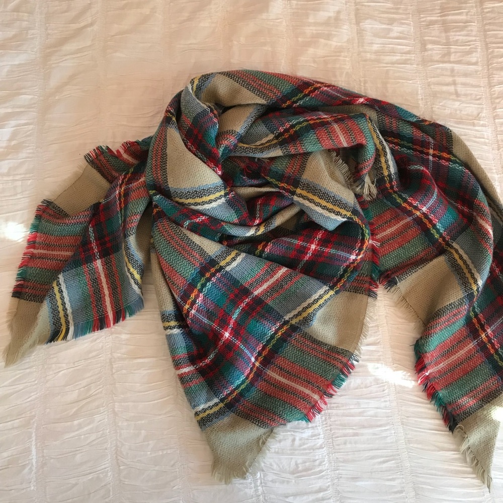 Fall colors - tan, red, green blanket scarf/wrap