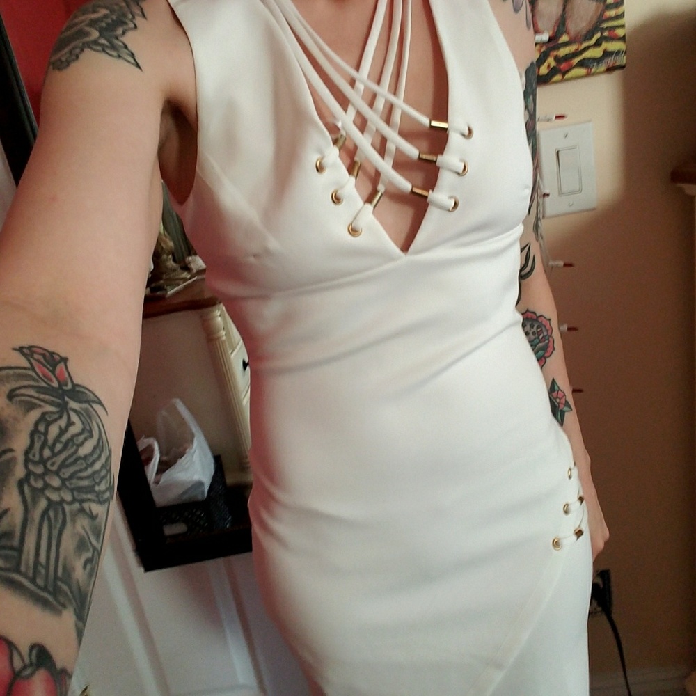 NWT Asymmetrical White Dress w/ Gold Hardware
