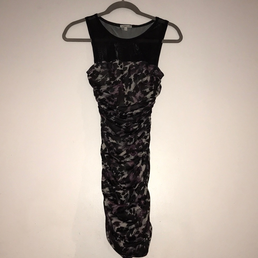 Purple animal print mesh top body con dress