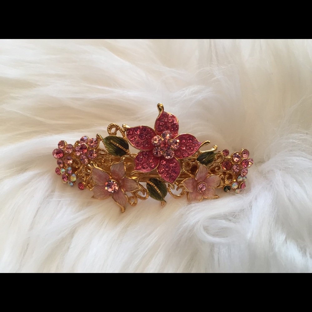 Rhinestone pink & gold flower hair clip