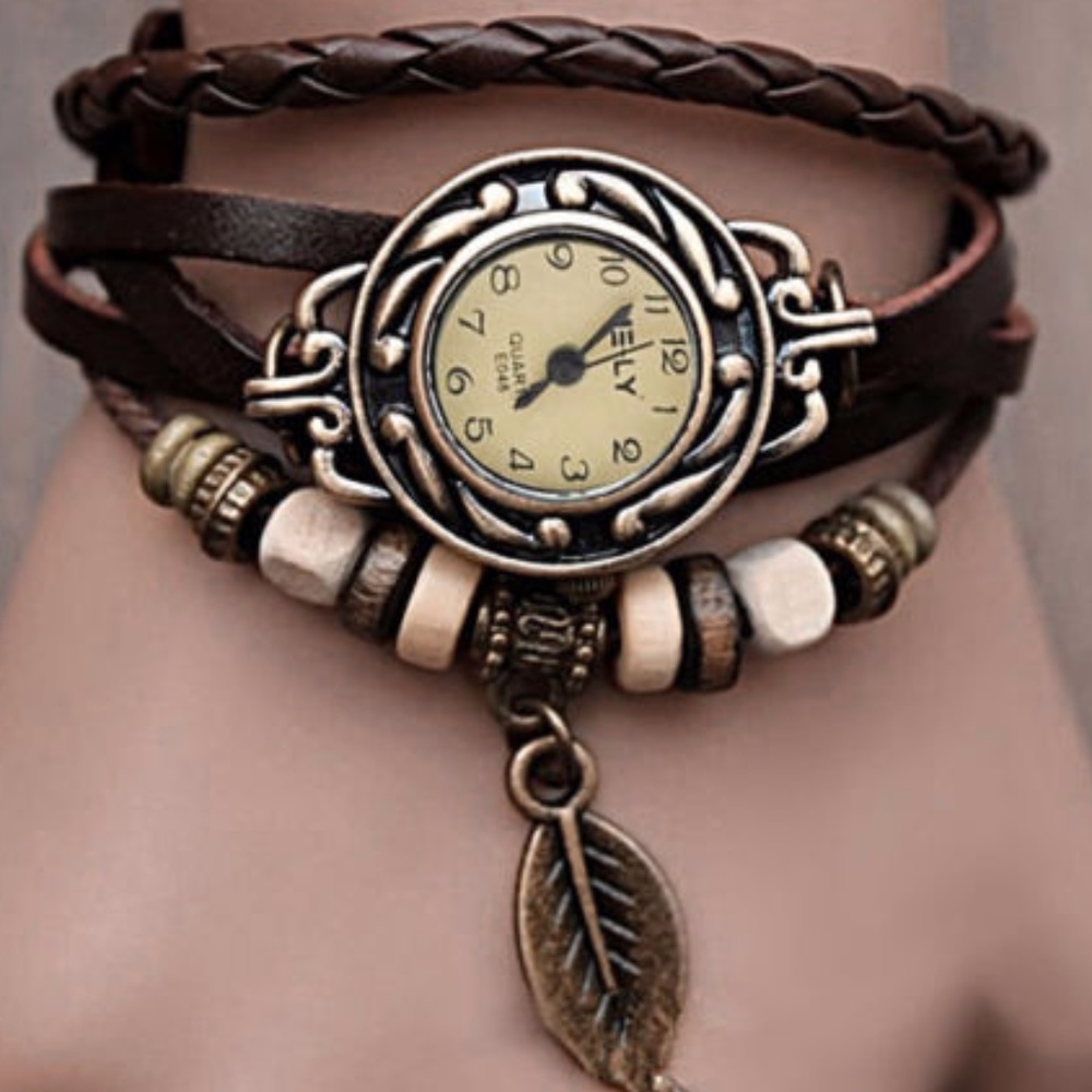 Quartz Brown Leather Leaf Bracelet Watch