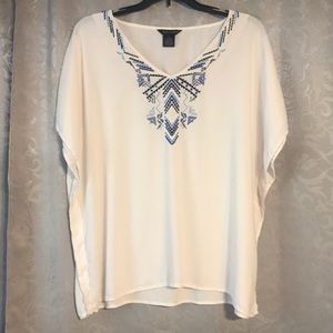 White flowy blouse with blue stitched design XL