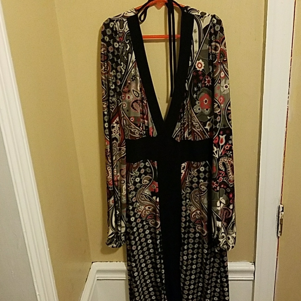 Long sleeved plunged neck and back dress