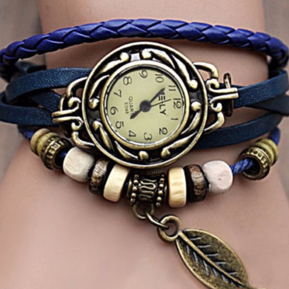 Quartz Blue Leather Leaf Bracelet Watch