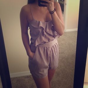 Taupe ruffle romper from Anthropologie