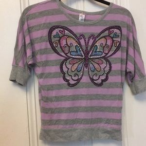 purple and gray striped shirt