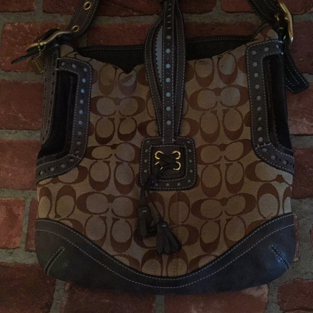 Coach shoulder bag brown fabric & blue leather