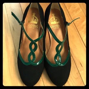 Black suede heels with emerald green straps