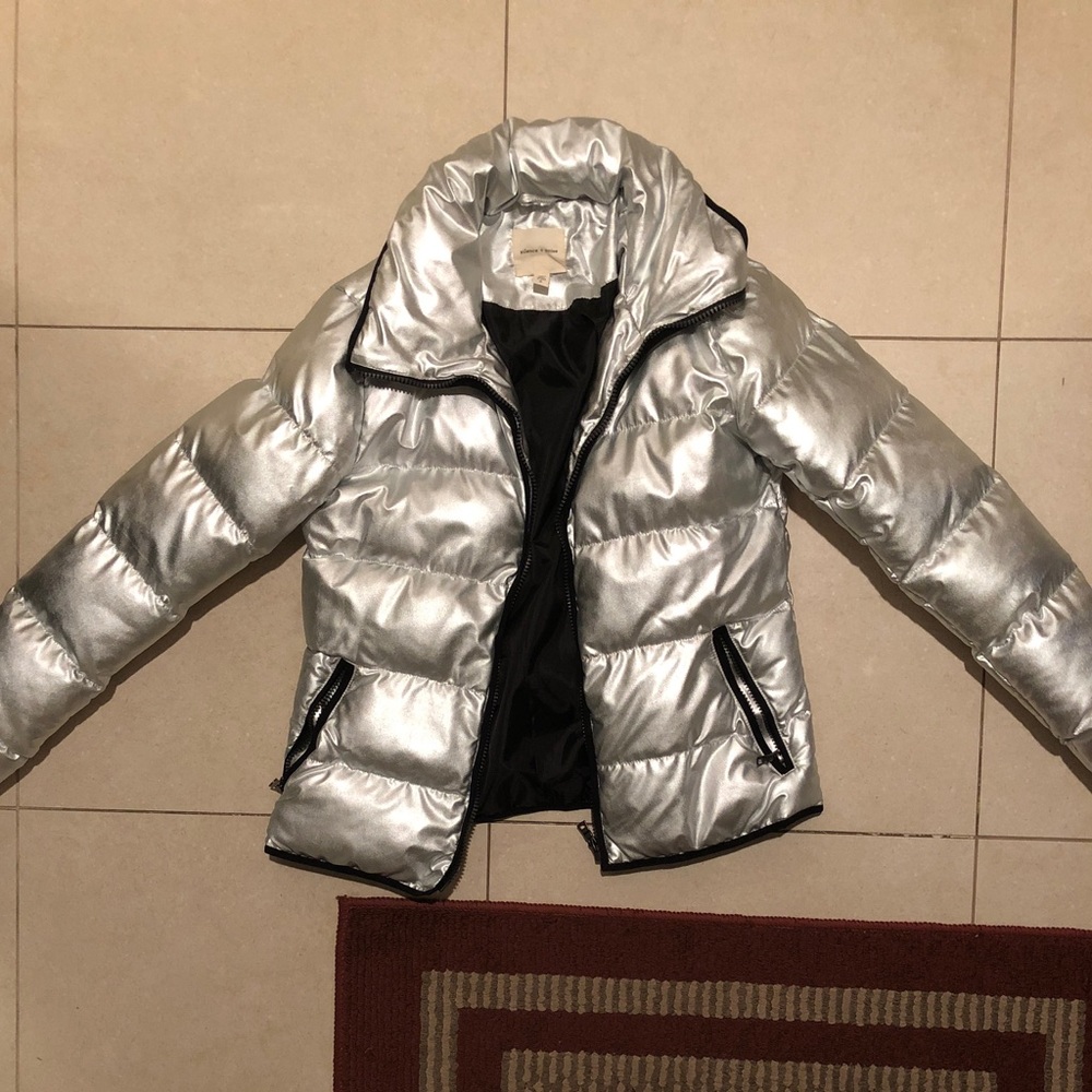 Silence + Noise silver puffer jacket. Size Small
