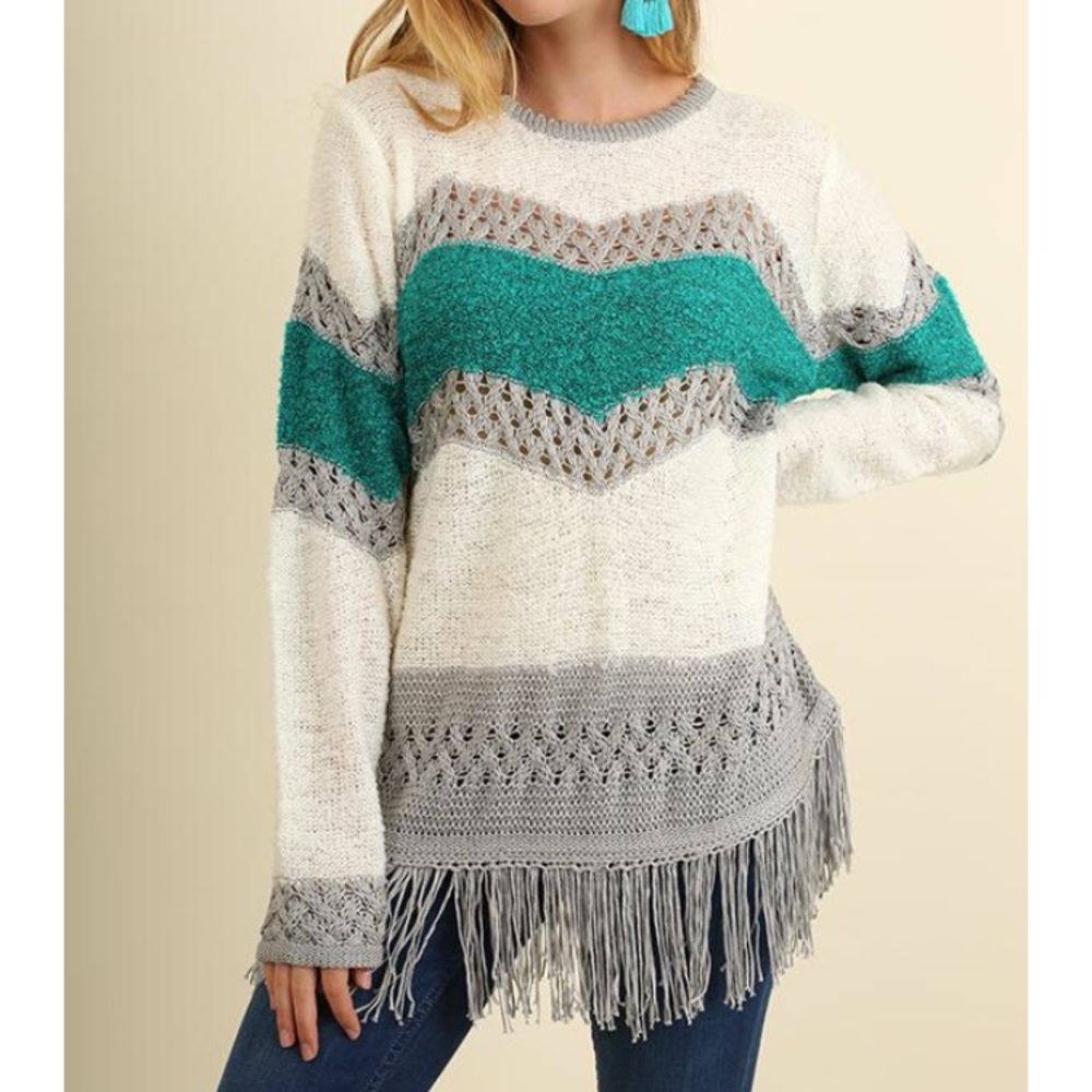 Teal cream and grey Fringe sweater