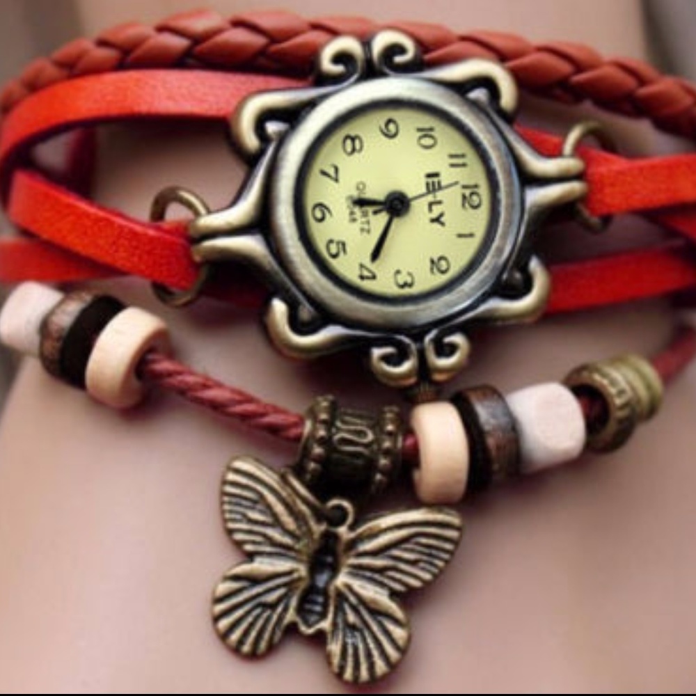 Quartz Red Leather Butterfly Bracelet Watch