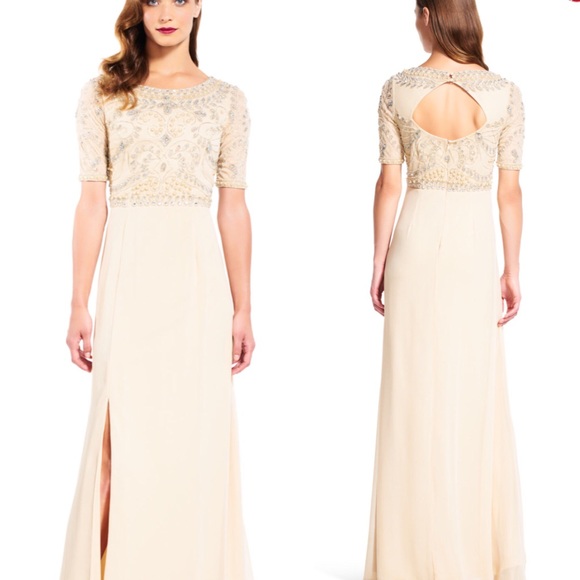 Adrianna Papell Dresses & Skirts - Adrianna Papell Gold Beaded Cap Sleeve Bodice Gown
