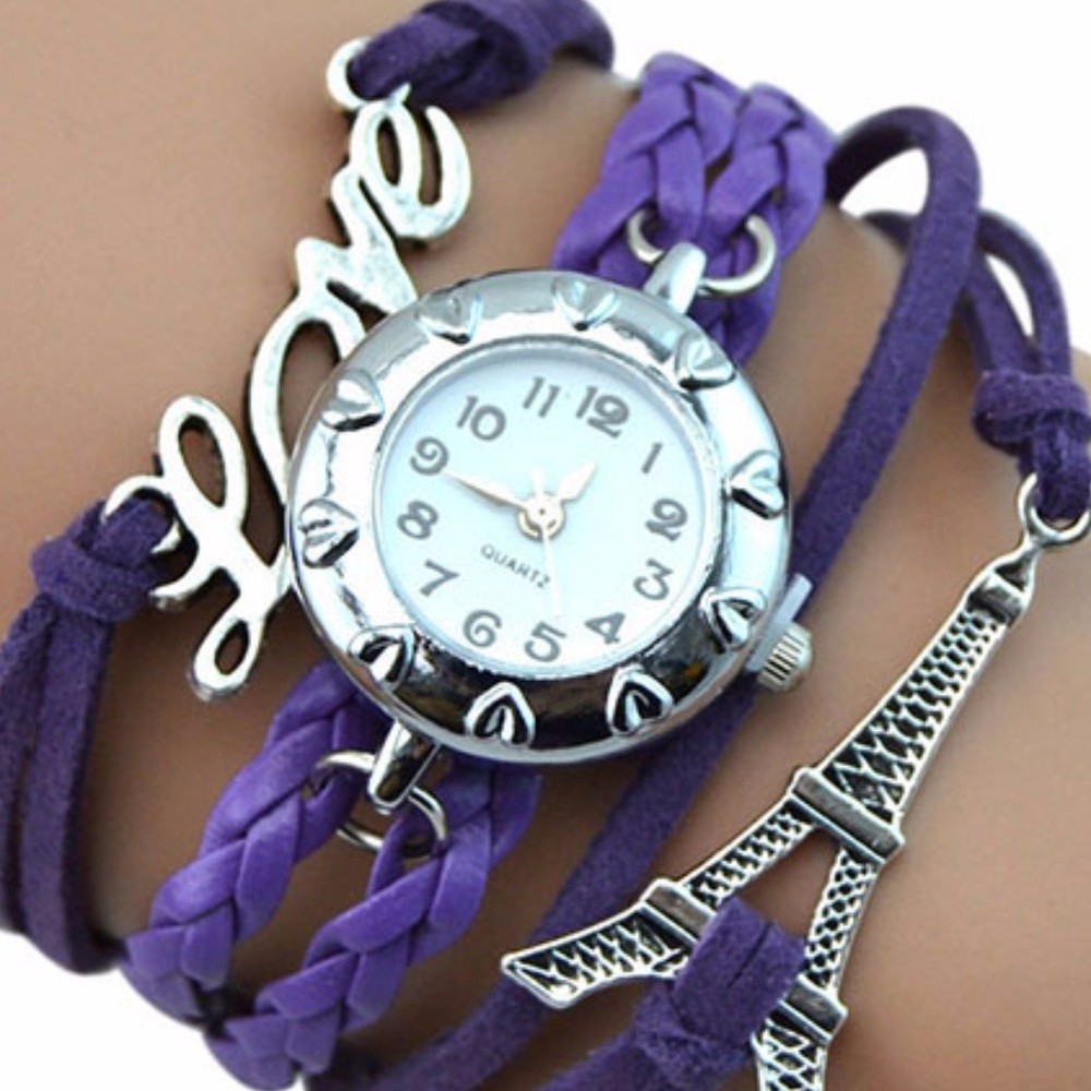 Quartz Purple Leather Love Paris Bracelet Watch