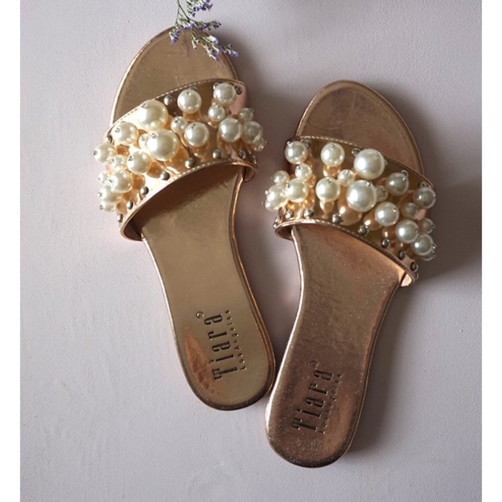 Pearl Embellished Gold Sandals